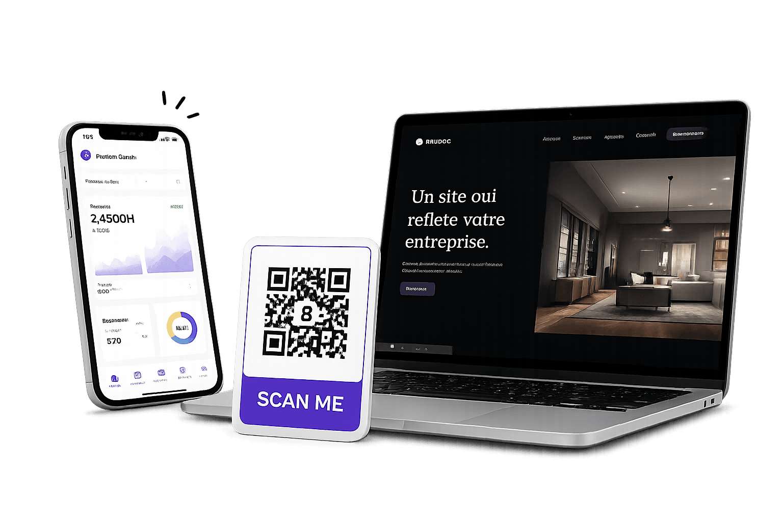 Mockup smartphone, QR code et ordinateur portable